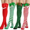 Christmas Thigh High Socks Striped over Knee Stockings Red Green White Stripes Plush Ball Bow Party Holiday Festive Socks Costume Accessory