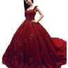 New Dark Red Ball Gown Wedding Dresses 2023 Sweetheart Lace Appliqued 3D Flowers Long Bridal Chapel Train Plus Size Straps Bride Dress