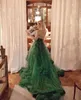 Hunter Green Halter Prom -klänningar med Losse Long Sleeve Fairy Ruffles Tiered Tulle kjol Bohemain Photoshoot Evening Gown