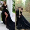 2023 Robes de mariée gothiques noires robe de mariée manches longues dentelle appliques col en V une ligne fente latérale balayage train plus taille sur mesure plage jardin robe de novia 401