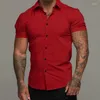 Chemises décontractées pour hommes à la mode Muscle hommes Fitness chemise à revers à manches courtes Stretch mince couleur unie sport Cardigan affaires repassage