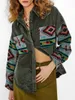 Women's Jackets ZAFUL Ethnic Aztec Printed Corduroy Shacket Women Wide Waisted Shirt Jacket Turn Down Collar Drop Shoulder Coat Spring