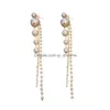 Ciondola Lampadario Trendy Elegante Creato Big Simated Pearl Orecchini lunghi Perle String Statement Drop Per le donne Regalo della festa nuziale Dhxh1