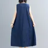 Casual Dresses #2466 Summer Blue A-Line Denim Dress Women O Neck Vintage Overall Side Split Loose Sleeveless Midi