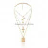 Pendant Necklaces Geometric Rose Mti Layer Cross Pendant Chain Square Gold Beads Flower Necklaces Women Floral Fashion Neck Jewelry Dhi0D