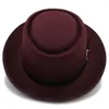 Berets Vintage Women Men Pork Pie Hat With Fashion Leather For Dad Wool Flat Fedora Gentleman Gambler Trilby Size 58CM