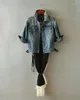 Damesjassen Leer vrouwen denim jas klinknagel punk vintage bijgesneden korte jas met lange mouw jeans vestiging/diepblauw