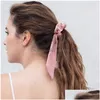 Hårgummiband Vintage Solid Color Hair Scrunchies Stora långa Bow Ponytail Holder Rubber Rope Pannband Bindningar Dekoration för kvinnor GI DHRNS