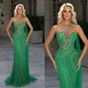 Elegant Green Mermaid aftonklänningar Sexig en axelpärla promenad golvlängd tyll formella festklänningar