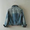 Damesjassen Leer vrouwen denim jas klinknagel punk vintage bijgesneden korte jas met lange mouw jeans vestiging/diepblauw