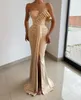 Satin Sexig One Champagne Shoulder Tassels Evening Dresses 2023 Spaghetti Straps Ruffle Split Formal Party Gown Mermaid Prom Dress