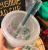 DHL Mermaid 여신 스타 벅스 컵 24oz/710ml 플라스틱 머그잔 텀블러 재사용 가능한 맑은 마시는 평평한 바닥 기둥 모양 뚜껑 밀짚 컵