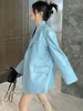 Women s Jackets Lautaro Spring Autumn Blue Oversized Soft Leather Blazer Jacket Women with Back Slit Long Sleeve Luxury Designer Outerwear 221130