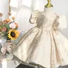 Flickakl￤nningar Br￶llopsblomma kl￤nning Satin Puff Sleeves Fluffy garn broderi Bow Lolita Princess Court Birthday Party Prom Compuume