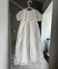 Girl Dresses Ivory White Long Christening Gown For Baby Girls Appliques Bow Lace Pearls Short Sleeves Baptism Dress