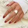 Anelli di banda Fashion Metal Heart Ring Set Leay Perle Hollows Love Rings for Couples Lovers Women Girls Day Day Party Gift Drop Dhpql