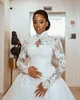 2022 African Arabic Modest Long Sleeve High Neck Wedding Dresses With Detachable Train Appliques Lace Tulle Long Bridal Gowns Vestido De Novia BC14608