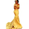 우아한 노란색 아프리카 인어 댄스 파티 드레스 긴 2023 어깨에서 공식적인 럭셔리 구슬 크리스탈 새틴 아랍어 트럼펫 이브닝 가운