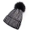 Basker Lawliet Winter Hats Faux Fur Pom Bling Style Women Beanies Högkvalitativ varm stickad hatt Ladies Skull Cap A9 221130