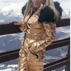 Skiddräkter Ski Jumpsuit Kvinnor Vinter Ytterkläder Varm vadderad huva Snowsuit Päls krage Shinny Waterproof Snowborad Suit 221130