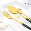 Dijkartikelen Sets Green Gold 4/5 % Set Marble Texture Western servies roestvrijstalen bestek mes mes vork lepel keuken flatware