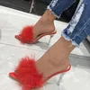 Slippers PU Leather With Feather Peep Toe Transparent High Heel Summer Sexy Slip On Clear Slides Women Mules Shoes