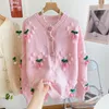 Women's o-neck rhinestone 3D cherry pattern single breasted knitted sweater cardigan coat