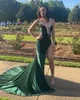 Stunning Green Veet Mermaid Prom Dresses Beaded Plunging Neck Side Split Rhinestones Evening Gowns Sweep Train Plus Size Birthday Party Formal Wear 0431