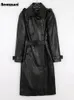 Giacche da donna Nerazzurri Primavera Autunno Luxury Lungo Nero Trench in morbida ecopelle per donna Cintura doppio petto Elegante soprabito 5XL 6XL 221130