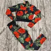 Floral Womens Yoga Outfits Vintage Manches Longues Survêtements Sexy Rembourré Sports Tops Leggings Lettres Webbing Sportswear