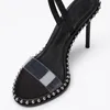 Women Shoe 2022 NIMA 105mm PVC Crystal Sandals Black Lace-Up Heels 01