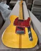 6-saitige gelbe E-Gitarre mit Flammenfurnier, Griffbrett aus gelbem Ahorn, rotes Perlmutt-Schlagbrett, anpassbar