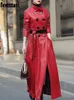 女性Sジャケットnerazzurri秋のマキシスカート革張りのトレンチコート女性用長袖ダブル胸エレガントな高級レディースフォールファッション221130