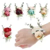 Decorative Flowers Girls Bridesmaid Ribbon Wrist Artificial Flower Bracelet Silk Boutonniere Hand Wedding Prom Party Decor