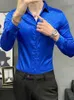 Men's Casual Shirts Men's Royal Blue Smooth Ice Silk Mens Satin White Bright Flowers Korean Clothing Night Club Party Dress Stage