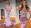 Wome Sweetheart Satin Crystal Beaded Formal Wear Evening Party Gowns Speical Exhinling Dress Custom Made를위한 독특한 섹시한 장미 핑크 인어 댄스 파티 드레스