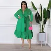 Grande taille robes femmes 4xl Robe à volants nœud froncé élégant 2022 automne dame fête col en V Robe femme automne luxe en gros tissu