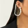 Elegant Imitation Pearl Long Tassel Clip Earrings for Women Wed Bridal Vintage Ear Cuff Piercing Jewelry Accessories