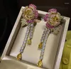 Brincos de balanço vintage French Full Full Diamond Color Rose Tassel Tassel Jóias Florais Elegantes para Mulheres