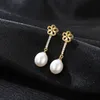 Retro sötvatten pärla pläterad 18k guld blomma dingle örhängen kvinnor smycken mode temperament lady exquisite s925 silver örhängen tillbehör gåva