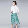 Work Dresses 2022 Women's Summer High-end Temperament Lapel Bubble Sleeve Beaded Shirt Top Belt Mesh Puffy Skirt Two-piece Suit