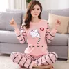 Vêtements de maison Printemps Mince 2 pièces Pyjamas Ensemble Femmes Hauts Coton Col Rond Filles Pyjamas Ensembles Tasse À Thé Chat Vêtements De Nuit Vêtements Pijamas Mujer 221202