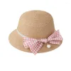 Hats H7424 Children's Sunshade Straw Sun Hat Kids Princess Beach Sunscreen Bowknot Pearl Cap Girls Summer Protection Sweet Caps