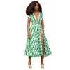 Ethnic Clothing African Long Dresses Women Sexy Deep V Green Print Casual Elegant Dress Midi Vestidos Femme Robe Dashiki Clothes Summer