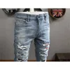 Herr jeans patches detalj Biker fit m￤n smal motorcykel f￶r m￤n vintage n￶dst￤lld denim jean pantsb63l