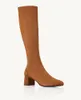 Женские зимние дизайнерские ботинки Aquazzuras Saint Honore, украшенные черным, красным, коричневым, натуральная кожа, замша, каблук до середины икры, стрейч 35–43
