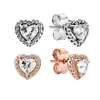 CZ Diamond Elevated Heart Stud Earrings with Original Box for Pandora 925 Sterling Silver Women Wedding Jewelry Love Hearts Rose Gold Earring Set