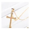 Pendant Necklaces Fashion Jewelry 24K Gold Plating Diamond Jesus Cross Necklace Women Men Crystal Row Pendant Necklaces Drop Deliver Dhjbo