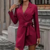 Женские костюмы отвороты с длинным рукавом Candy Color Women Blazer Осенний шнурок в средней длине