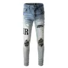 Męskie dżinsy jasnoniebieskie w trudnej sytuacji streetwear szczupłowy skórzany wzór litera uszkodzony chude odcinki dżinsy
